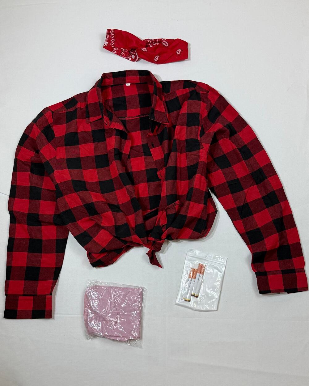 Women’s 2XL Costume Set – Red Flannel, Bandana & Pregnant Belly Prop